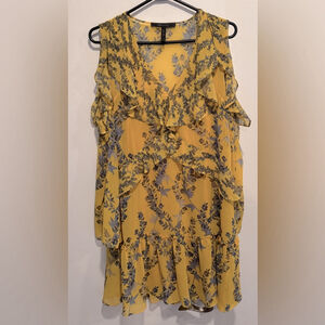 BCBGMaxAzria Floral Cutout Shoulder yellow Ruffle tiered lined mini dress XS